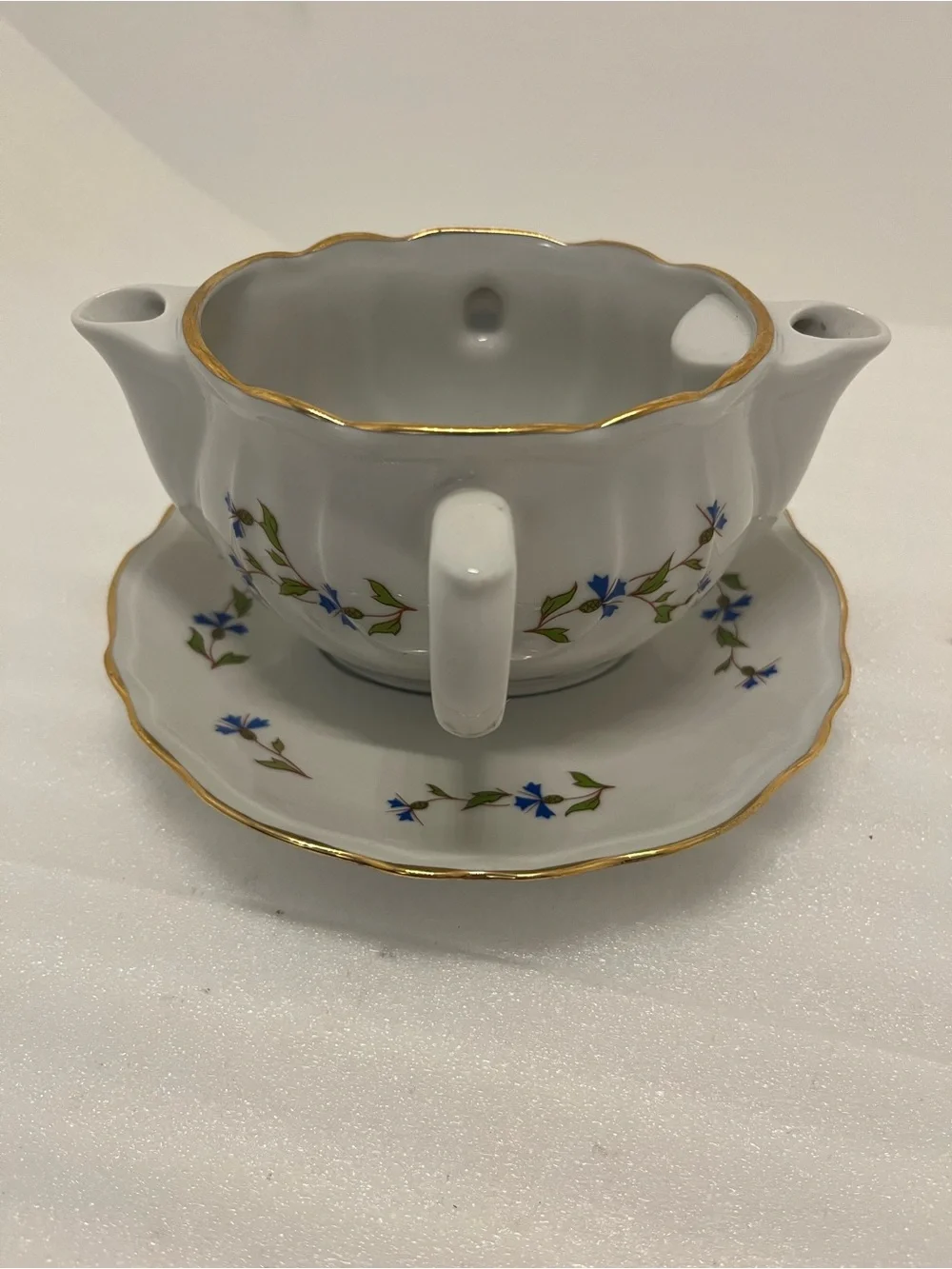 L Lourioux Berry Haute Double Spout Gravy Boat & Saucer Creation Made in France
